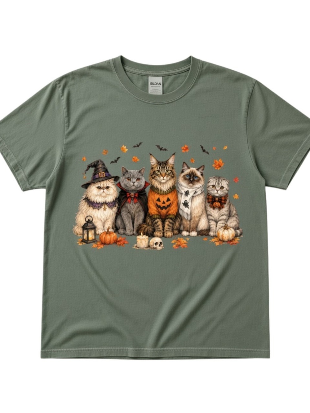 Gildan Military Green Halloween Cats Spooky Graphic Tee